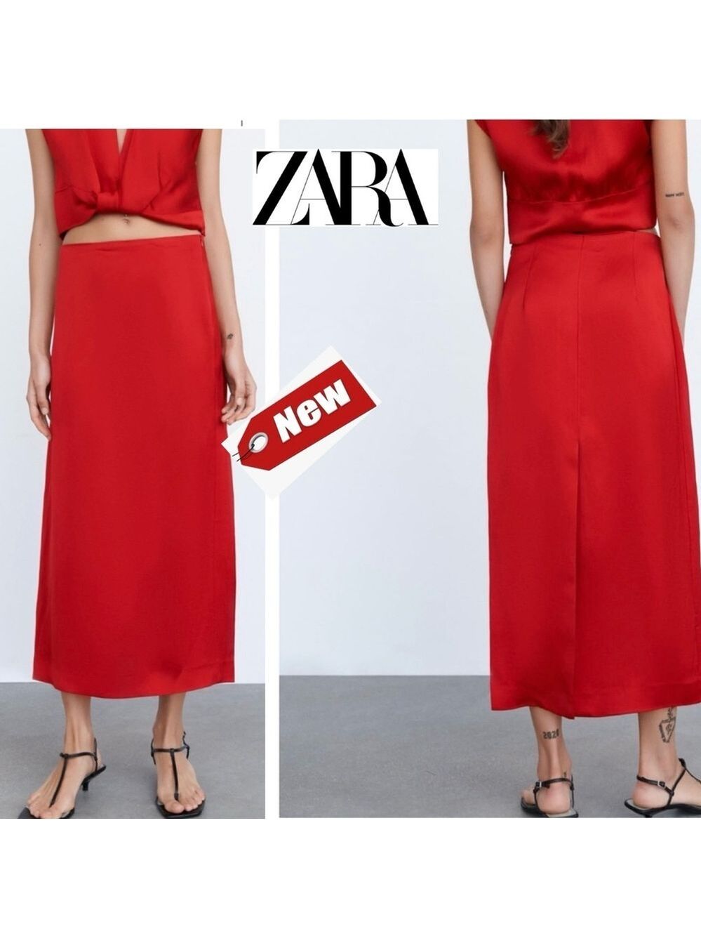 Zara red satin effect midi slip skirt NWT